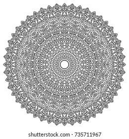 Delicate Snowflake. Adult Coloring Book Page with Flourish Detailed Mandala. Black and White Round Pattern. Ornate Arabesque for Christmas Decoration. Snowflake for Print or Cutting