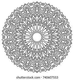 Delicate Snowflake. Adult Coloring Book Page with Flourish Detailed Mandala. Black and White Round Pattern. Ornate Arabesque for Christmas Decoration. Snowflake for Print or Cutting