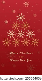 The delicate snowflakes create a sense of elegance and celebration, with the message "Merry Christmas and Happy New Year" written in a graceful golden font below the tree.