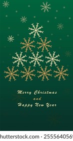 The delicate snowflakes create a sense of elegance and celebration, with the message "Merry Christmas and Happy New Year" written in a graceful golden font below the tree.