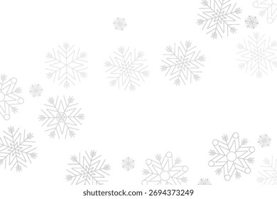 Delicados copos de nieve caen suavemente sobre un fondo blanco prístino evocando una sensación de belleza serena de los inviernos y la magia de la temporada navideña. ILUSTRACIÓN VECTORIAL EPS