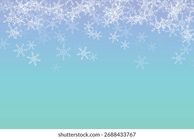 Delicados copos de nieve caen suavemente sobre un suave fondo azul y verde azulado degradado creando una serena escena de invierno. ILUSTRACIÓN VECTORIAL EPS