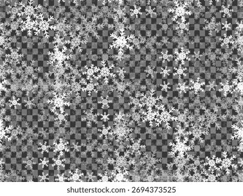 Delicate snowflakes gently fall against a transparent backdrop creating a serene winter atmosphere perfect for seasonal designs and festive projects. EPS vector illustration