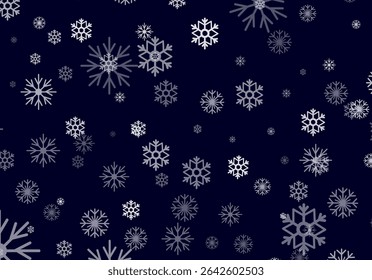 Delicate snowflakes of various designs float against a deep blue backdrop, creating a captivating winter illustration. This artwork evokes the serene beauty of a snowy day