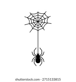 Delicate Spider Web and Hanging Spider Silhouette Vector Icon Illustration.