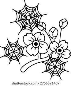 Delicate spiderwebs frame blooming flowers. Spider sits calmly in each web, poised and still. Stems curve gently, holding buds and blooms. Nature's quiet harmony, whimsical and serene