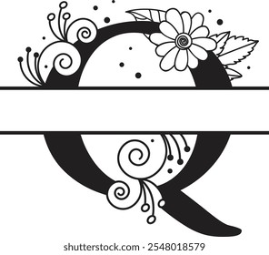 Delicate Split Letter Q with Flowery Details, Custom Black and White Alphabet Logo Illustration