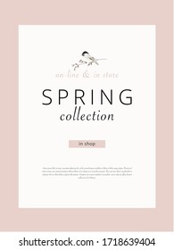 delicate spring advertising banner with rustic gold patina frame and hand drawn floral willow branch and tit little bird  illustration with text sample template