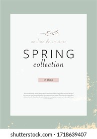 delicate spring advertising banner with rustic gold patina frame and hand drawn floral willow branch illustration with text sample template