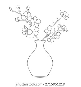 Delicado ramos de flor de primavera em vaso, ilustração de arte de linha floral minimalista