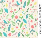 Delicate spring botanical seamless pattern. Repeat background with scattered flowers in a light vernal palette.