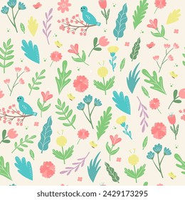 Delicate spring botanical seamless pattern. Repeat background with scattered flowers in a light vernal palette.