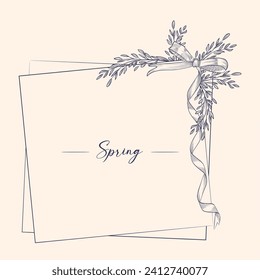 Delicate spring branches and bow with ribbon. Hand drawn vector illustration of round floral frame with ribbon on isolated background for greeting cards or wedding invitations. Engraved template for g