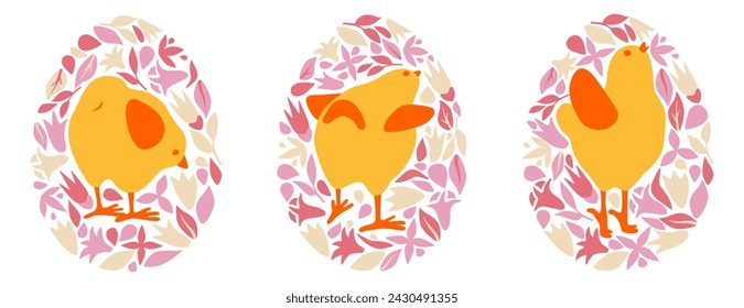 Delicate spring compositions for Easter. Cute chick and plant elements. Floral background in the form of an egg. Isolated objects on white background. Vector