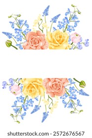 Delicate spring floral border with pastel garden flowers such as roses, ranunculus, muscari, delphinium, sweet peas, and daffodils. Ideal for wedding invitations, greeting cards, or elegant designs.