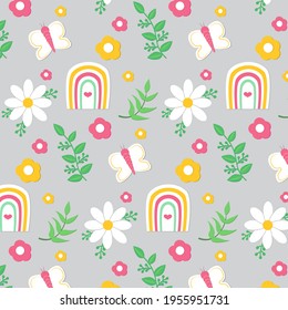 delicate spring floral pattern with floral arch, heart, leaves, flowers and butterflies