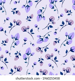 Flores y hojas primaverales delgadas. Patrón sin foco. Impresión botánica para arenisca en tela, papel, embalaje. Fondo aislado.
