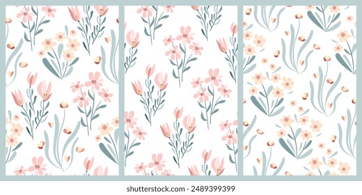 Delicate spring flowers in pastel shades.Set Easter Seamless pattern.Vector illustration