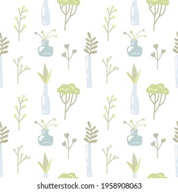 Delicate spring pattern with herbs and plants in glass vases on a white background. Wallpaper with flat fennel, fern and bottles. Seamless texture for fabrics