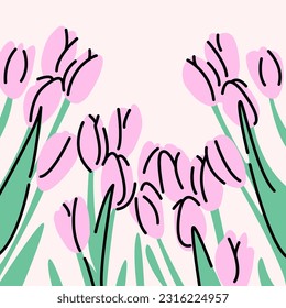 A delicate spring print, card, design with a field of tulips. Spring mood. Garden of flowers. Vector botanical illustration 