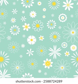 Delicate spring seamless pattern with field chamomile, daisies and other flowers. Floral cute background. Blooming field print for textile, packaging, paper, fabric, design. Vector graphics