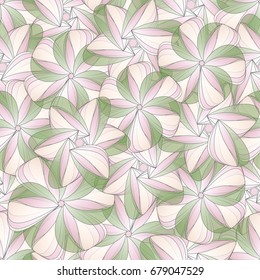 Delicate spring seamless pattern with intersected geometrical flowers in pastel colors. Soft green, pink and beige colors.