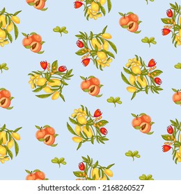 Delicate spring seamless pattern on a blue background with delicious lemons, tasty peaches and beautiful herbs. Texture for scrapbooking, wrapping paper, invitations. Vector illustration.