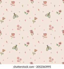 Delicate spring seamless pattern with pastel color flowers and moths. Insects butterflies and plants on a white background. Scandinavian minimalistic flat style. Vector art