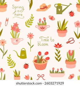 A delicate, spring seamless pattern with potted flowers, watering cans, scissors, tulips, daffodils, and inscriptions. Suitable for wrapping, textiles, printing, wallpaper