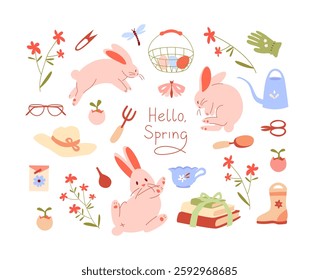 A delicate spring set with cute rabbits and gardening elements. Sprouts, watering can, seeds, spatula, books, gloves, scissors. Spring card