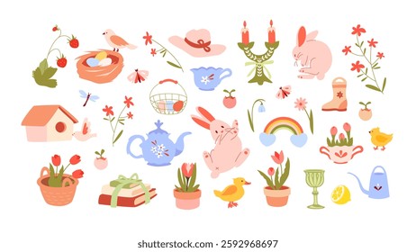 A delicate spring set with cute rabbits, a bird house, tulips in a basket, a rainbow, a nest with eggs, flowers in a pot, a teapot