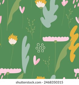 Delicate spring and summer flowers on a green background. Seamless pattern. Vector illustration in modern style.