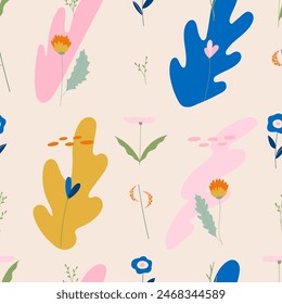 Delicadas flores y plantas de primavera y verano sobre un fondo beige. Patrón sin costuras. Ilustración vectorial en estilo moderno.