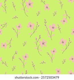 delicate spring or summer patern on a green background pink flowers