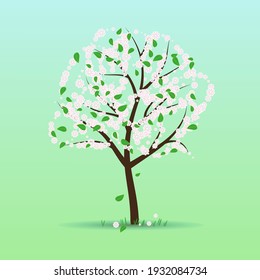 Delicate spring tree with green leaves and light pink flowers.Vector botanical illustration of blooming sakura.For postcards,webs,child books,printables and others.