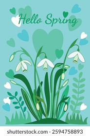 Delicate spring vector illustration featuring blooming snowdrops against a fresh turquoise background. Lighthearted hearts float around, symbolizing warmth, love, and joy of new beginnings.