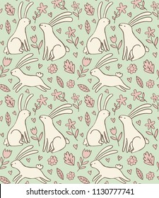 Delicate spring vector pattern with rabbits and flowers. Cute bunnies seamless background in doodle style.