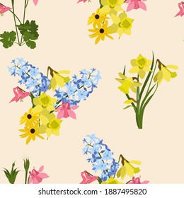 Delicate spring wildflowers on a beige background. For decorating textiles, packaging, wallpaper. Vector illustration.