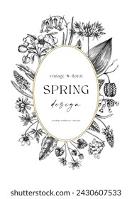 Delicate spring wreath. Wildflower sketches. Floral background. Elegant greeting card, wedding invitation design template. Hand drawn vector illustration, NOT AI