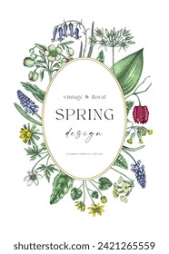 Delicate spring wreath. Woodland wild flower sketches. Floral background. Wildflowers in color. Elegant greeting card, wedding invitation design template. Hand drawn vector illustration, NOT AI