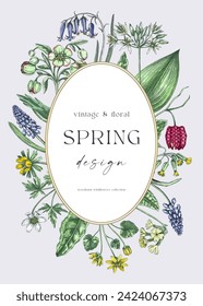 Delicate spring wreath. Woodland wild flower sketches. Floral background. Wildflowers in color. Elegant greeting card, invitation design template. Hand drawn vector illustration, NOT AI