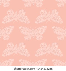 Delicate stencil style white butterflies made from wing shapes. Seamless geometric vector pattern on soft pink background. Perfect for wellness, baby, beauty products, packaging, home decor, fabric
