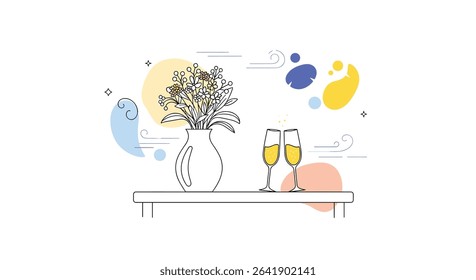 Delicate Still Life Featuring Flowers and Champagne Glasses on Table