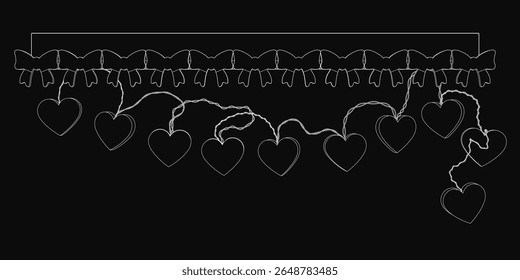 Uma delicada sequência de guirlandas em forma de coração paira elegantemente sobre um fundo escuro, formando um padrão romântico e intrincado. O desenho em preto e branco apresenta um arranjo encantador.