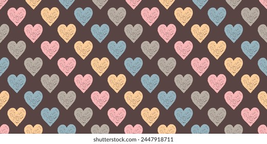 Delicate Striped Seamless Pattern of Hand-Drawn Gentle Pink, Yellow and Blue Hearts on Brown Background. Continuous Background with Textured Elements for Clothes, Fabric, Textile.