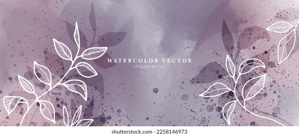 Delicate and stylish abstract vector illustration with white branches and leaves on a purple watercolor background for cards, wedding invitations, backgrounds, wallpapers