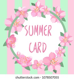 Delicate, stylish vector greeting card / invitation from delicate pink Sakura flowers with green leaves. Delicate decoration for any holiday