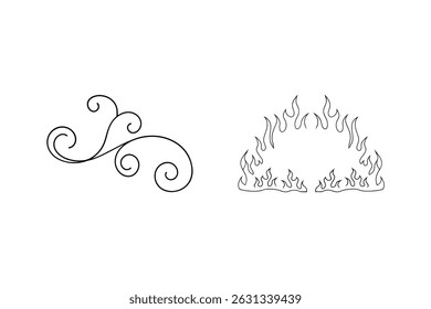 Delicado redemoinho e chama vetor ilustrações em estilo de arte de linha preta minimalista
