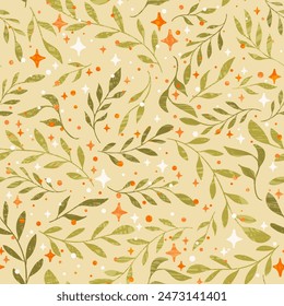 A delicate, swirling floral seamless vector pattern with twisting green leafy vines, scattered orange berries and star bursts across a light beige background, evoking an autumn fantasy.