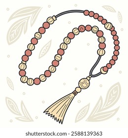 Delicate tasbih illustration features earthy beads and tassel, set against soft leaf pattern Perfect for religious or decorative projects.